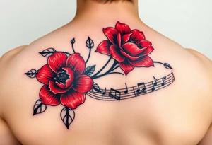Red flowers with black music notes tattoo idea
