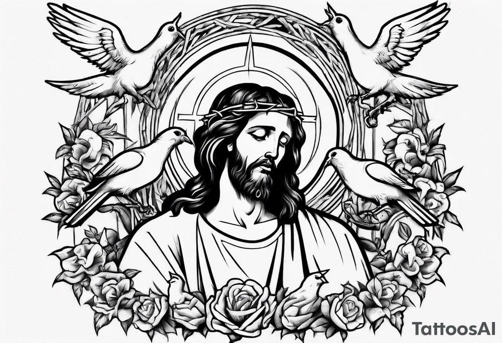 Jesus with thorns and crying, doves, lambs, tattoo idea Jesus with thorns and crying, doves, lambs, tattoo idea
