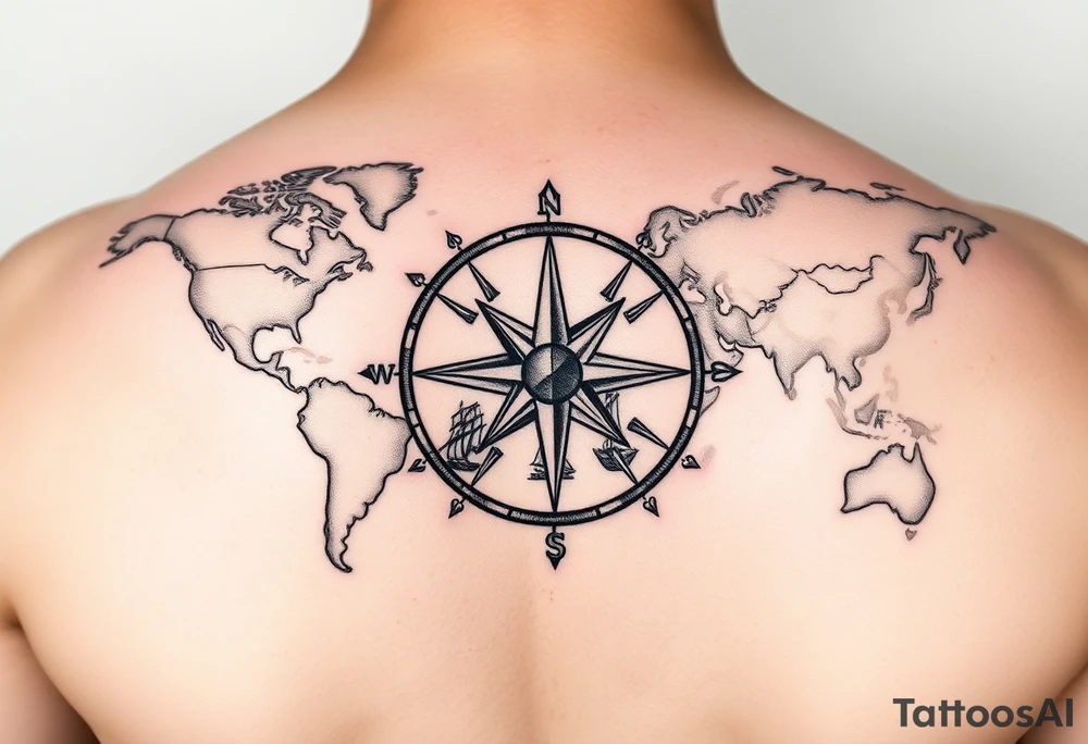 antique compass rose overlaid on weathered world map with sailing ships on hand tattoo idea