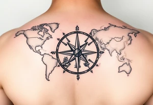antique compass rose overlaid on weathered world map with sailing ships on hand tattoo idea