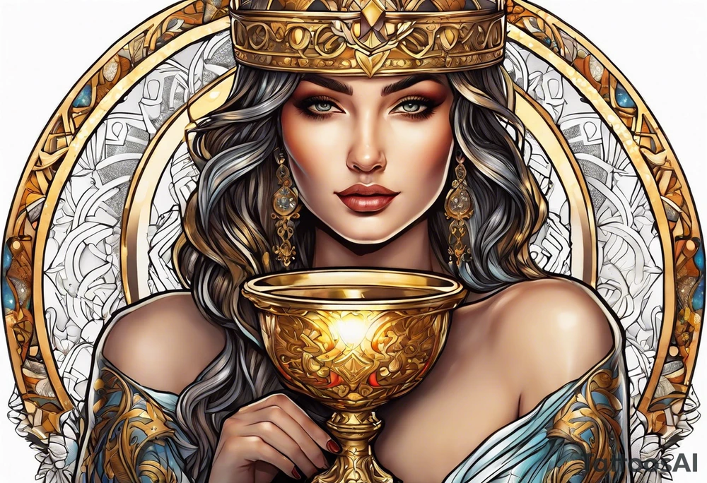 woman holding chalice surrounded by golden halo tattoo idea