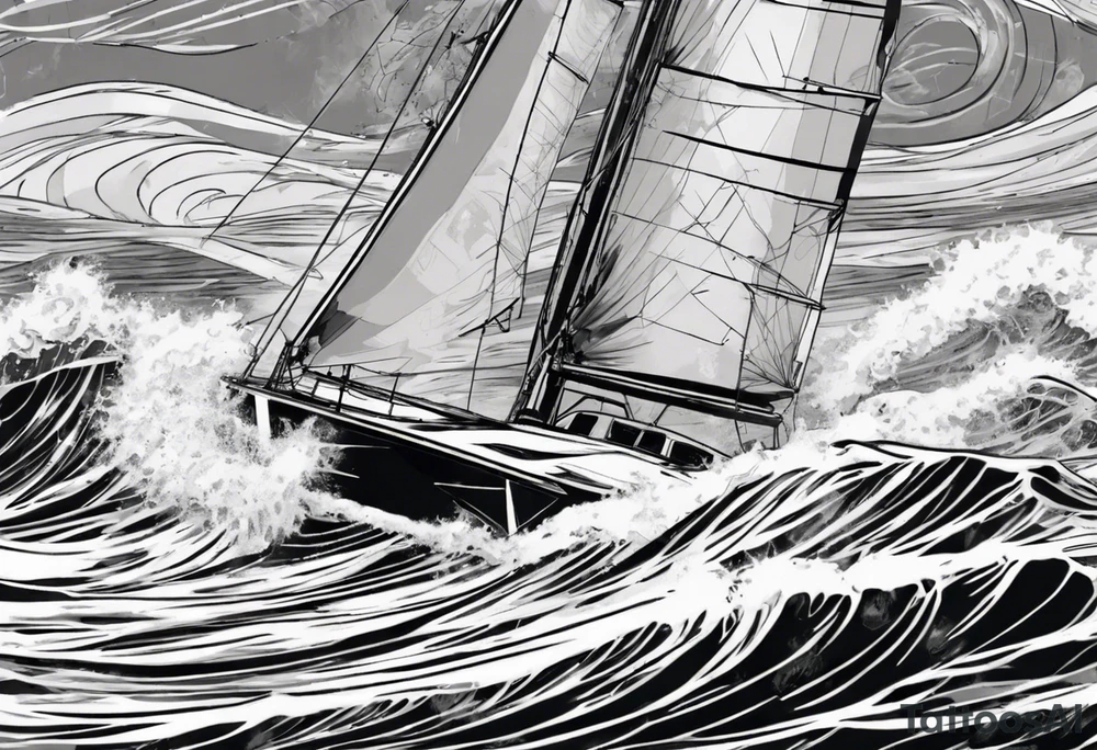 Sailing Catamaran in Rough weather and waves tattoo idea