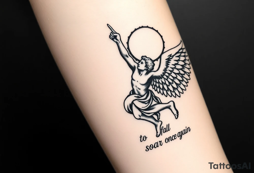 Angel falling with one hand pointed up towards a Greek like sun, with top left saying “you only fall” and the bottom right saying “to soar once again” with the font matching the majesty of the angel and sun. I want this vertically and I want the angel to be realistic, a man kinda like Lucifer falling but without the devil aspects tattoo idea