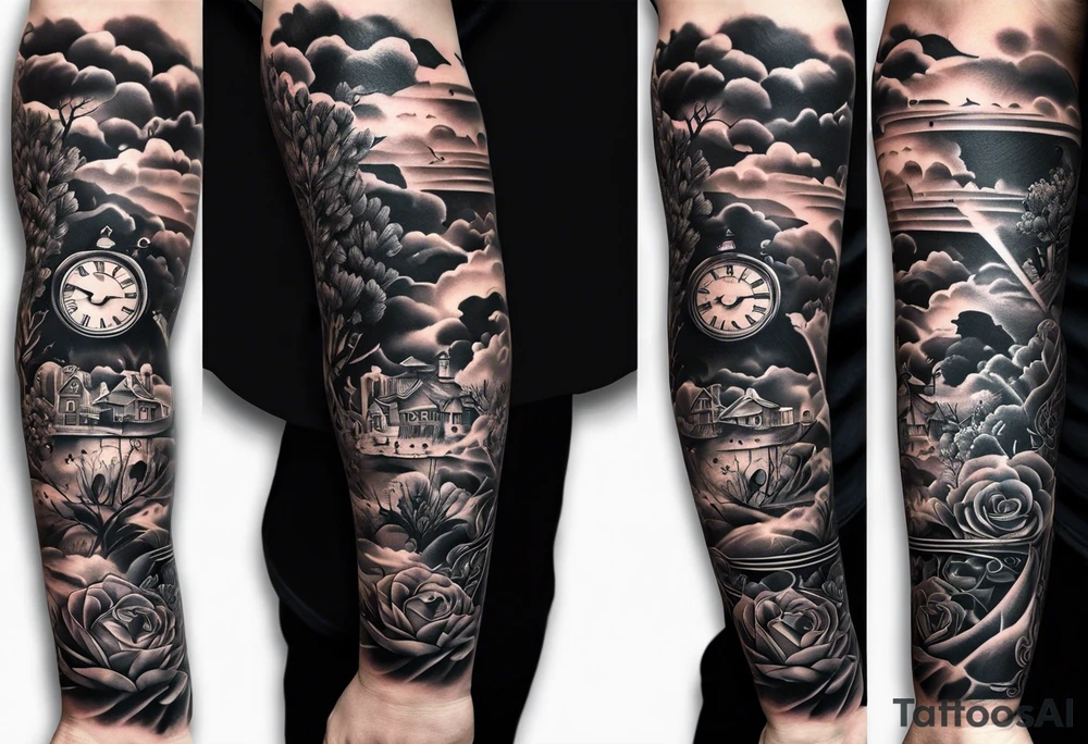 sleeve arm tattoo that represents love, family, trust, patience, time, new adventures and tattoo idea