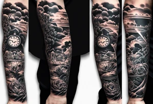 sleeve arm tattoo that represents love, family, trust, patience, time, new adventures and tattoo idea