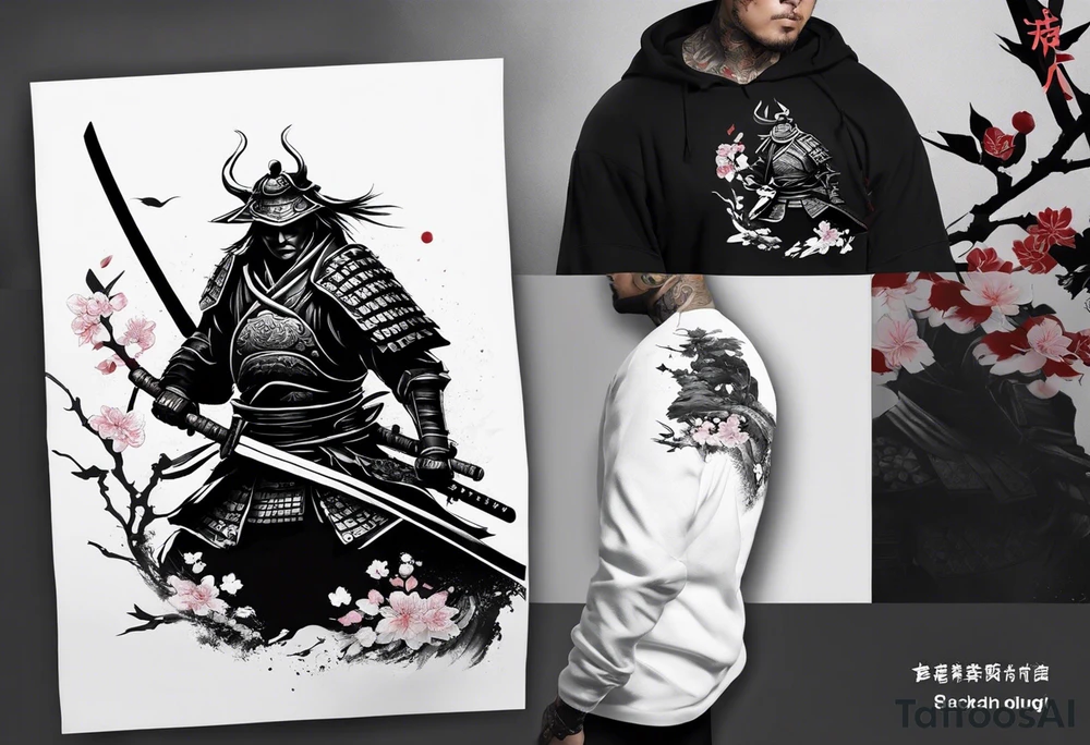 samurai with sword in blood, in armor, for a forearm
Should contains sakura leaves in Anime style. Some Ghost of tsushima vibe
The tatoo should show i have dedication, respect and inner strength, and I try to become better everyday tattoo idea