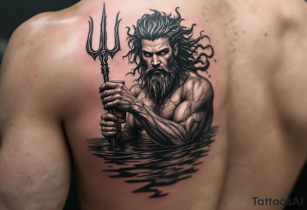 young, fit poseidon in calm water, holding a trident, holding a beer, looking at you tattoo idea