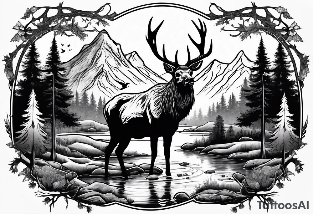 elk skull with mountains and trees
with a stream and birds overhead tattoo idea