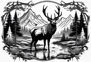 elk skull with mountains and trees
with a stream and birds overhead tattoo idea