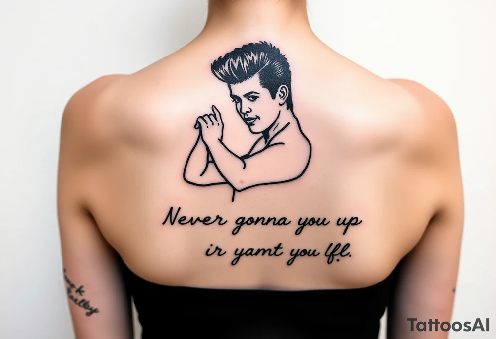 Rick Astley's  Dance Pose outline with text "Never Gonna Give You Up" tattoo idea