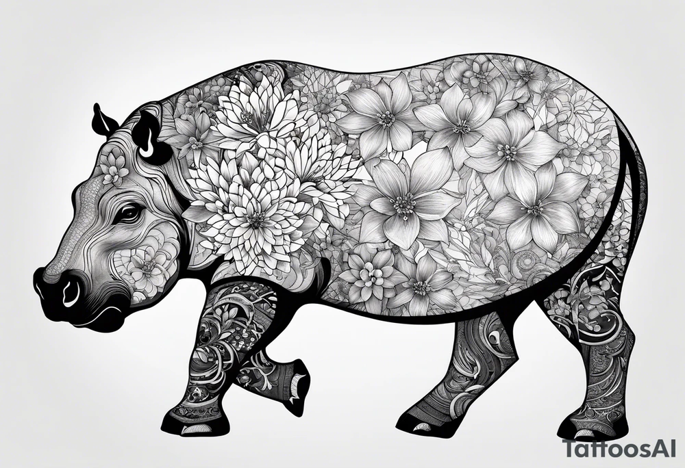 Asymmetrical, geometric, chinese ink art touch, hippo , full moon, wintersweet flower, light tattoo idea