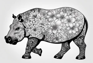 Asymmetrical, geometric, chinese ink art touch, hippo , full moon, wintersweet flower, light tattoo idea