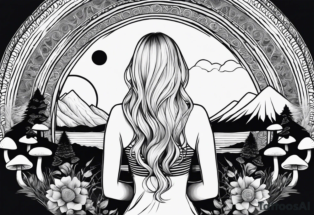 Straight blonde hair girl meditating facing away toward mountains surrounded by mushrooms crescent moon mandala circular design black and white striped dress tattoo idea