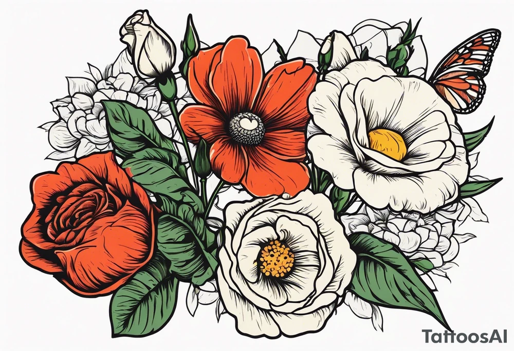 A vintage vertical design of a daisy and a rose with gladiolus flowers and poppies weaving through the daisy and rose tattoo idea