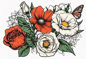 A vintage vertical design of a daisy and a rose with gladiolus flowers and poppies weaving through the daisy and rose tattoo idea