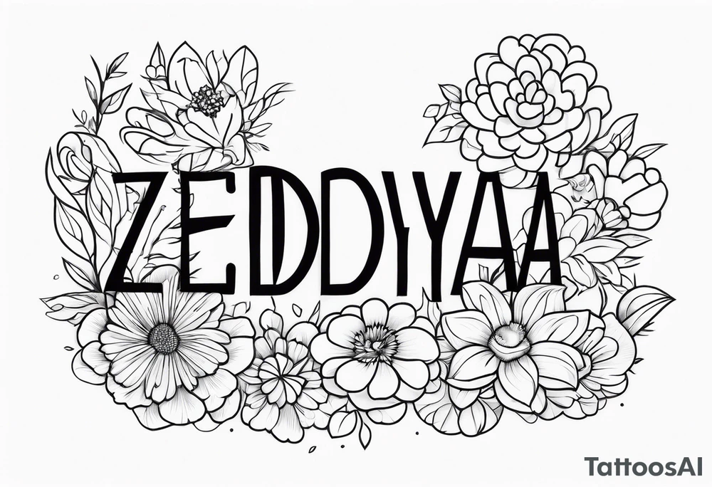 Spell out Zendaya with a bed of flowers tattoo idea
