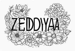 Spell out Zendaya with a bed of flowers tattoo idea