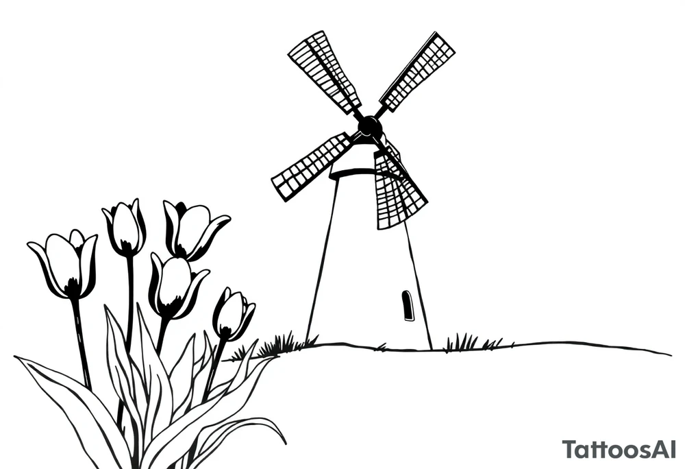 Dutch windmill with tulips tattoo idea