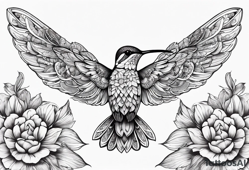 Flowers, colorful, horizontal, botanical, mandala background with hummingbird in the middle tattoo idea