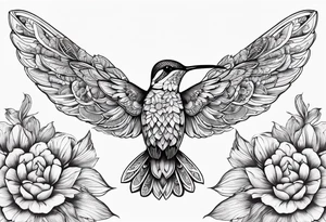 Flowers, colorful, horizontal, botanical, mandala background with hummingbird in the middle tattoo idea