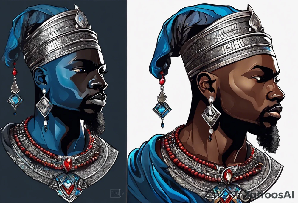 An african god, a bald black-skinned warrior, that uses a sword and a silver crown. He also uses blue and red necklaces tattoo idea
