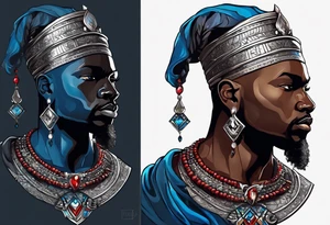 An african god, a bald black-skinned warrior, that uses a sword and a silver crown. He also uses blue and red necklaces tattoo idea