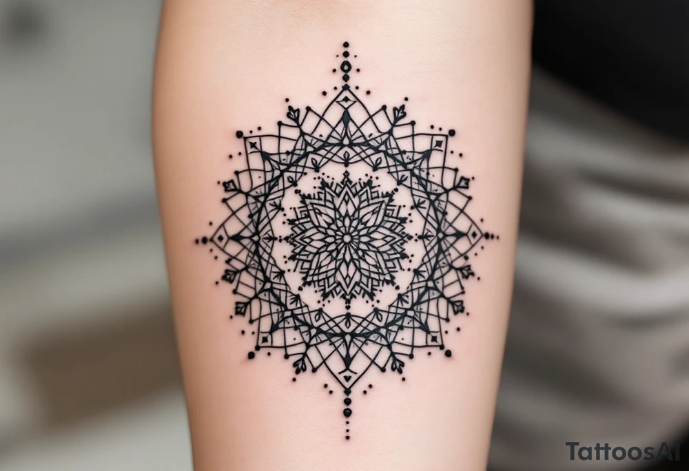 simple, minimalist tattoo, sacred geometry mandala, centerpiece design, dotwork patterns, radiating geometry, symmetrical mandala, geometric shapes, intricate dotwork, sacred patterns, mandala center, geometric radiating, fine line work, black grey shading, minimalist design, no outlines, arm placement, delicate linework, precise geometry, clean symmetry, sacred symbols, geometric precision, dotwork details, mandala focal point, refined patterns, understated complexity, geometric harmony, minimalist tattoo idea