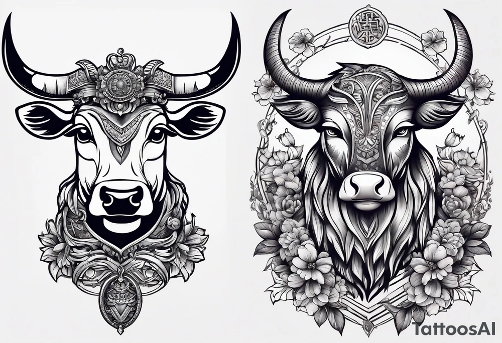a cow and an owl standing next to each other tattoo idea