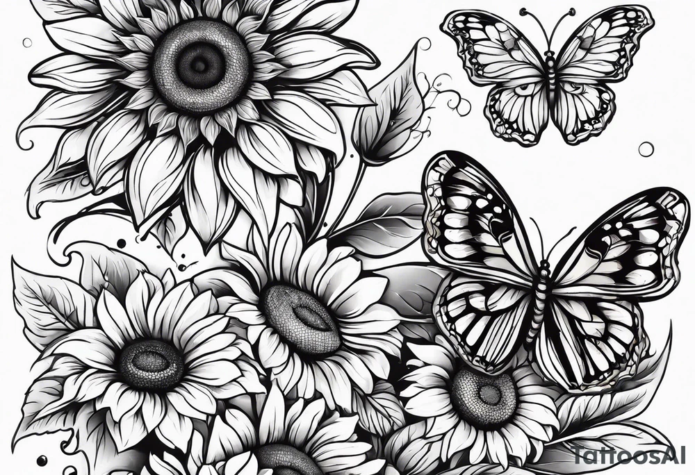 Arm sleeve with sunflowers and butterflies tattoo idea