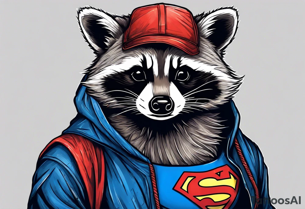 raccoon wearing a Superman hoodie tattoo idea