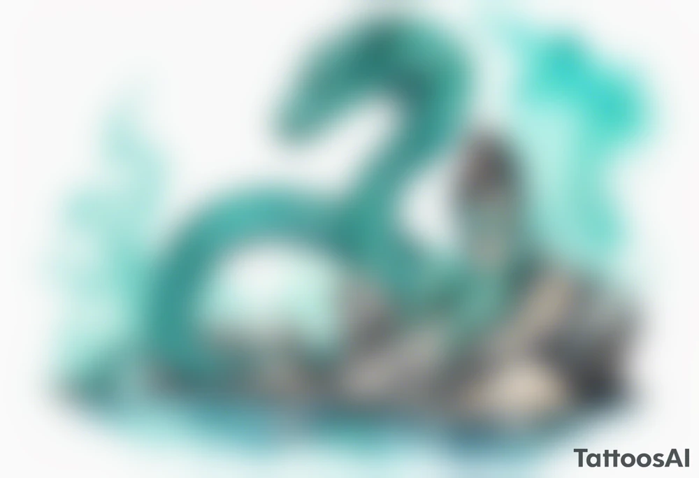 A sea serpent woman hybrid covered in turquois scales sitting on rocks by the ocean tattoo idea
