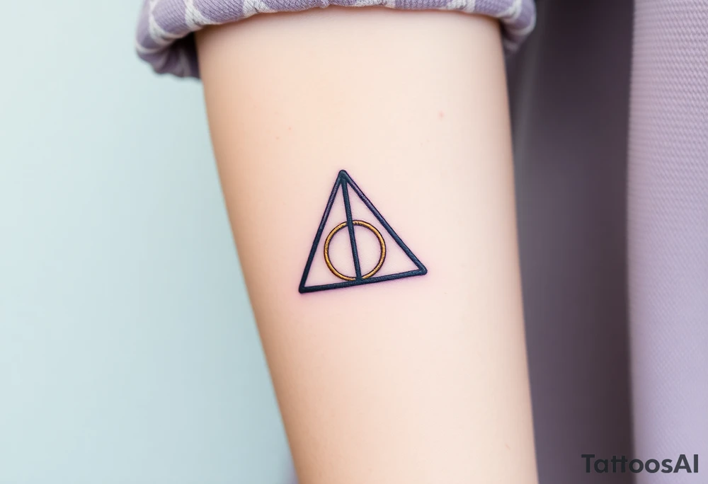 A delicate Deathly Hallows full symbol in thin gold lines in shades of deep purple and midnight blue tattoo idea