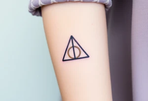 A delicate Deathly Hallows full symbol in thin gold lines in shades of deep purple and midnight blue tattoo idea