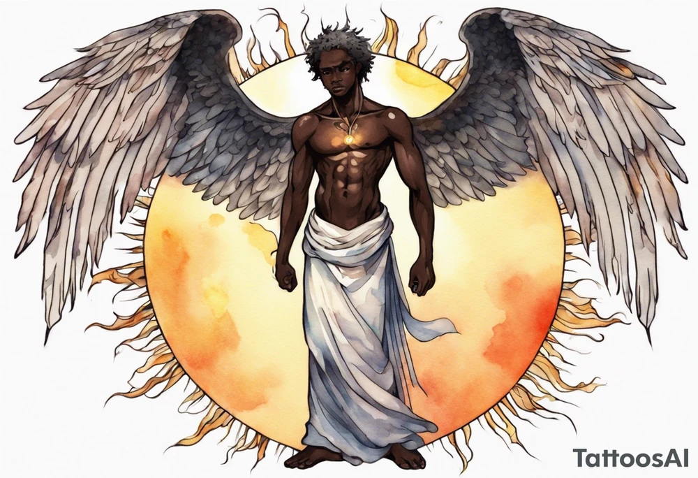 a solitary dark skinned male angel with glowing eyes standing upon the sun tattoo idea