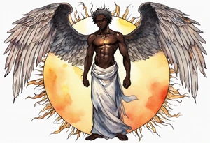 a solitary dark skinned male angel with glowing eyes standing upon the sun tattoo idea