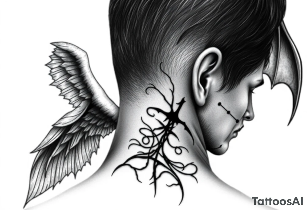 position behind the neck Angel (on the right) whispering in the right ear, demon (on the left) whispering in the left ear. It must be as realistic as possible. tattoo idea
