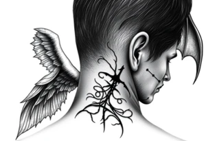 position behind the neck Angel (on the right) whispering in the right ear, demon (on the left) whispering in the left ear. It must be as realistic as possible. tattoo idea