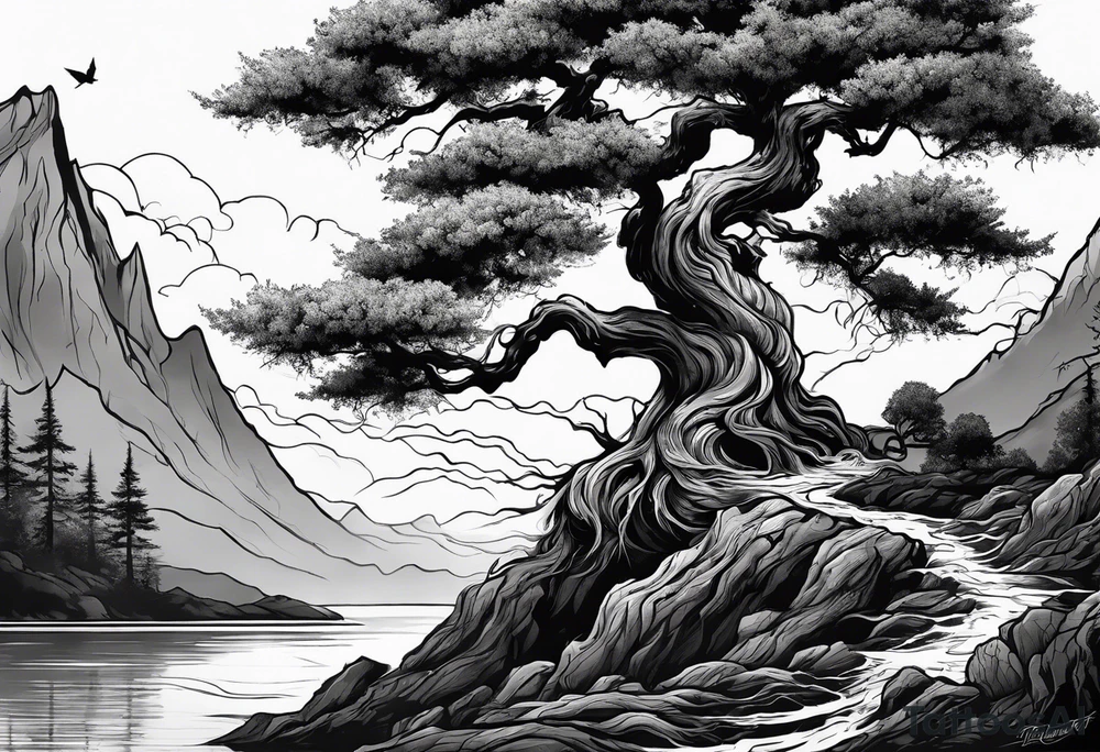 Tree reaching up to shoulder with roots going all the way down to the wrist. Mountain, water, and demon elements tattoo idea