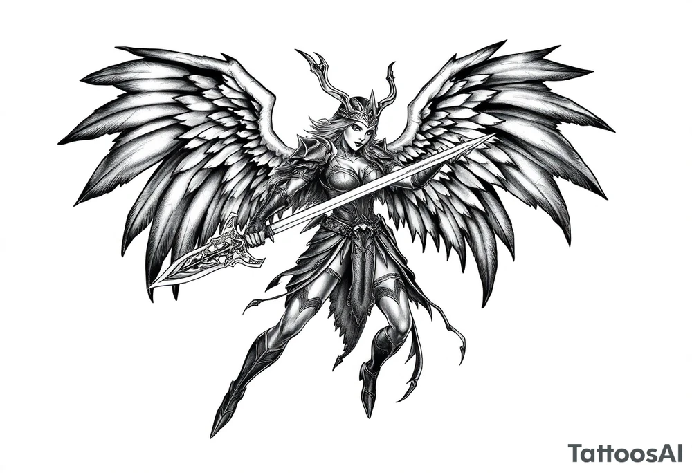 A fierce looking Valkyrie with very big dark wings. The whole body with legs should be visible. 
She's wielding a intricatelly decorated sword and a sturdy

She has heavy armor and a helmet with 
Wings tattoo idea