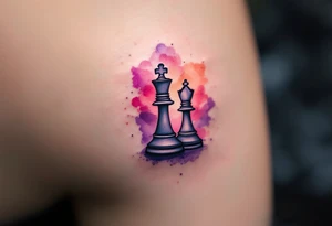 A soft watercolor blend of purples and reds behind a black ink king and queen chess piece. tattoo idea