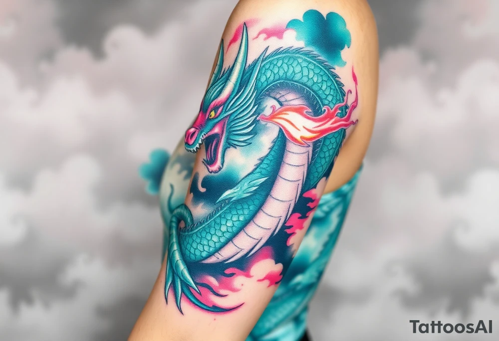fierce dragon breathing iridescent fire against stormy skies green teal pink tattoo idea