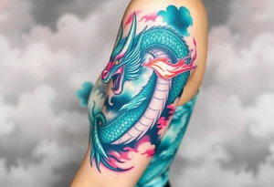 fierce dragon breathing iridescent fire against stormy skies green teal pink tattoo idea