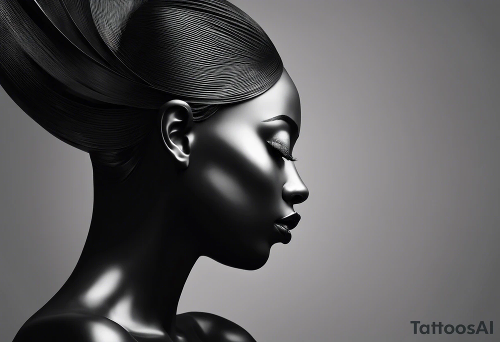 Esboço minimalista em arte digital estilo traços
de Oxum Opará. Figura feminina de perfil,
dançando com leveza e movimento. Cabeça com
coroa e contas, cabelo em trança. Mão esquerda
com Abebé (espelho), mão direita com adaga.
Posicionada aos pés de uma cachoeira. tattoo idea
