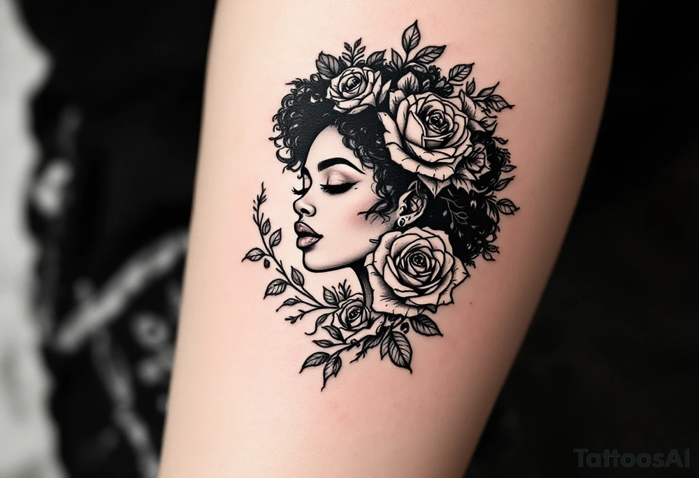 A tattoo with a black woman in it about divinity and roses tattoo idea