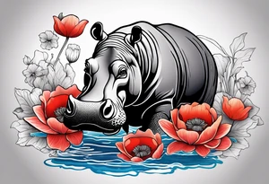 Hippopotamus, poppies, water lilies, tattoo idea