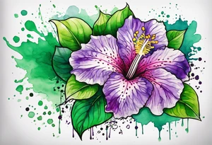 An outline of an only green rio dipladenia flower and a green and purple watercolor splash in the background tattoo idea