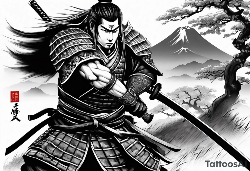 samurai with sword in blood, in armor, for a forearm
Should contains sakura leaves 
The tatoo should show i have dedication, respect and inner strength, and I try to become better everyday tattoo idea