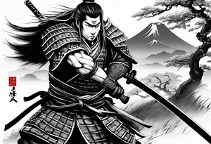samurai with sword in blood, in armor, for a forearm
Should contains sakura leaves 
The tatoo should show i have dedication, respect and inner strength, and I try to become better everyday tattoo idea