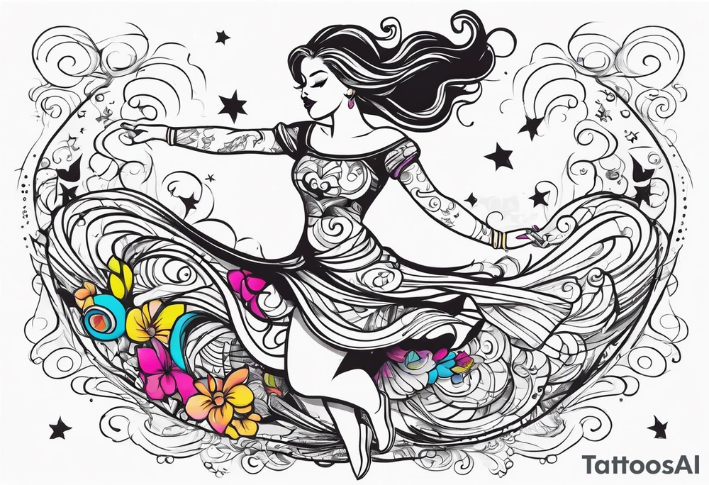 Girl twirling full body tattoo idea