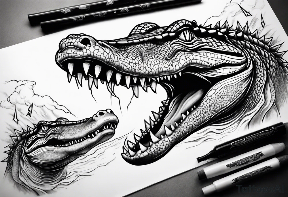 Arm sleeve with alligators and lightning tattoo idea